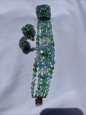 Multi-Strand Blue & Green Beaded Bracelet with Matching Earrings